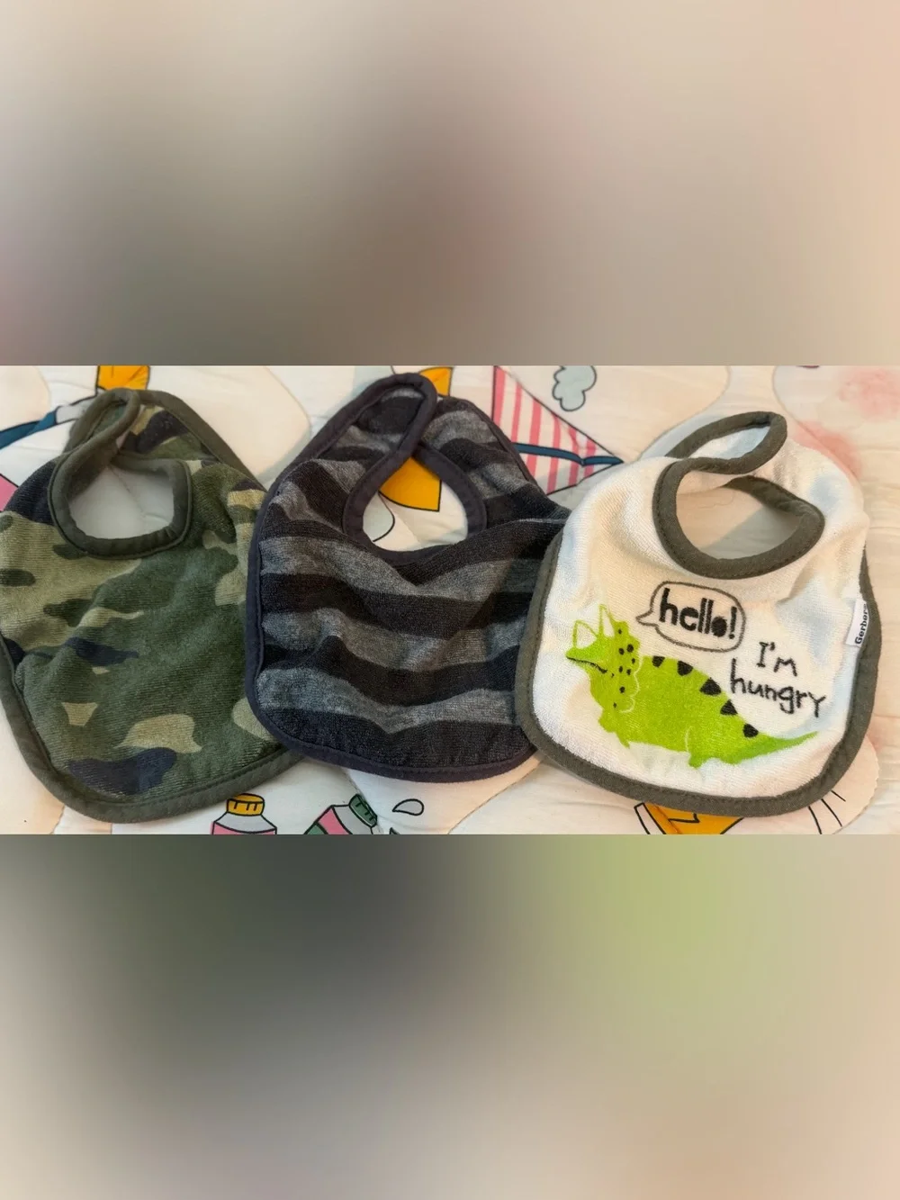 Gerber Camouflage, Gray Stripe & White Dino Baby Bibs
